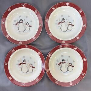 Royal Seasons Snowmen Stoneware Salad Plates Lot of 4 New Red Rim RN1 6 1/2 in.